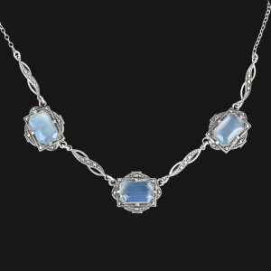 Art Deco Silver Marcasite Natural Moonstone Necklace