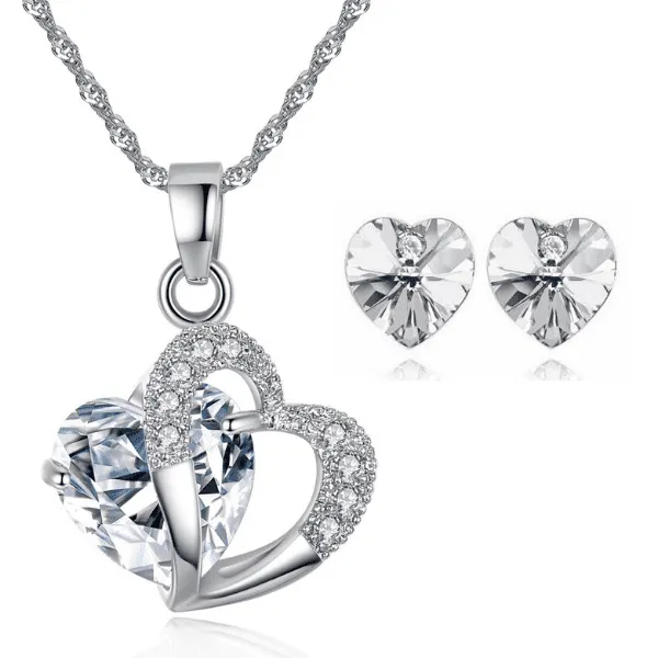 Austrian Crystal Heart Necklace and Earrings Set for Women