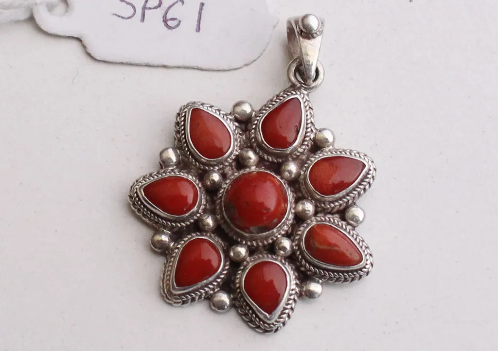 Beautiful Plumeria Flower Carved Coral Decoration 925 Silver Sterling Pendant