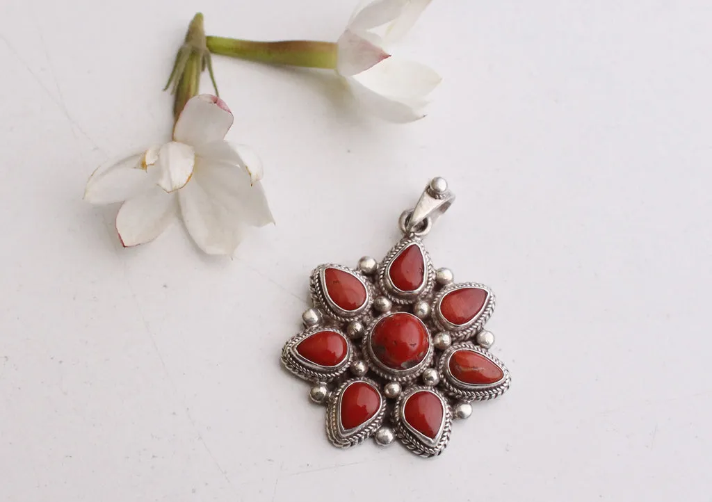 Beautiful Plumeria Flower Carved Coral Decoration 925 Silver Sterling Pendant