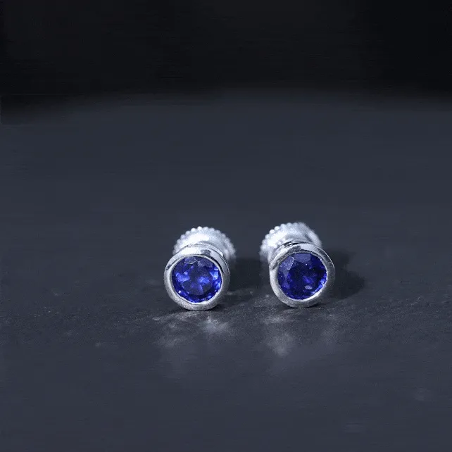 Bezel Set Created Blue Sapphire Solitaire Stud Earrings