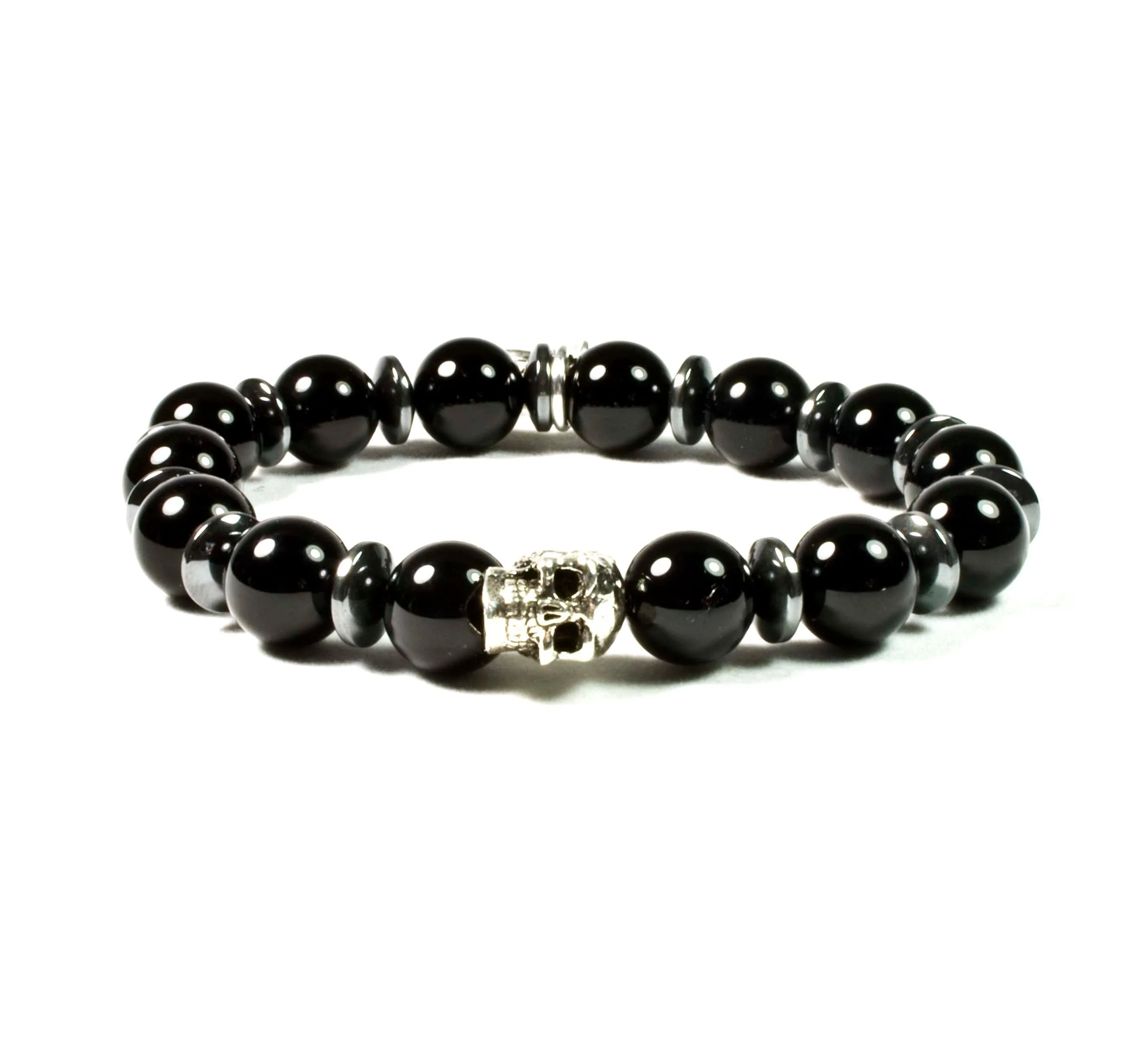 Black Pearl Creations Shiny Black Onyx & Patinated Pewter Skull Bracelet