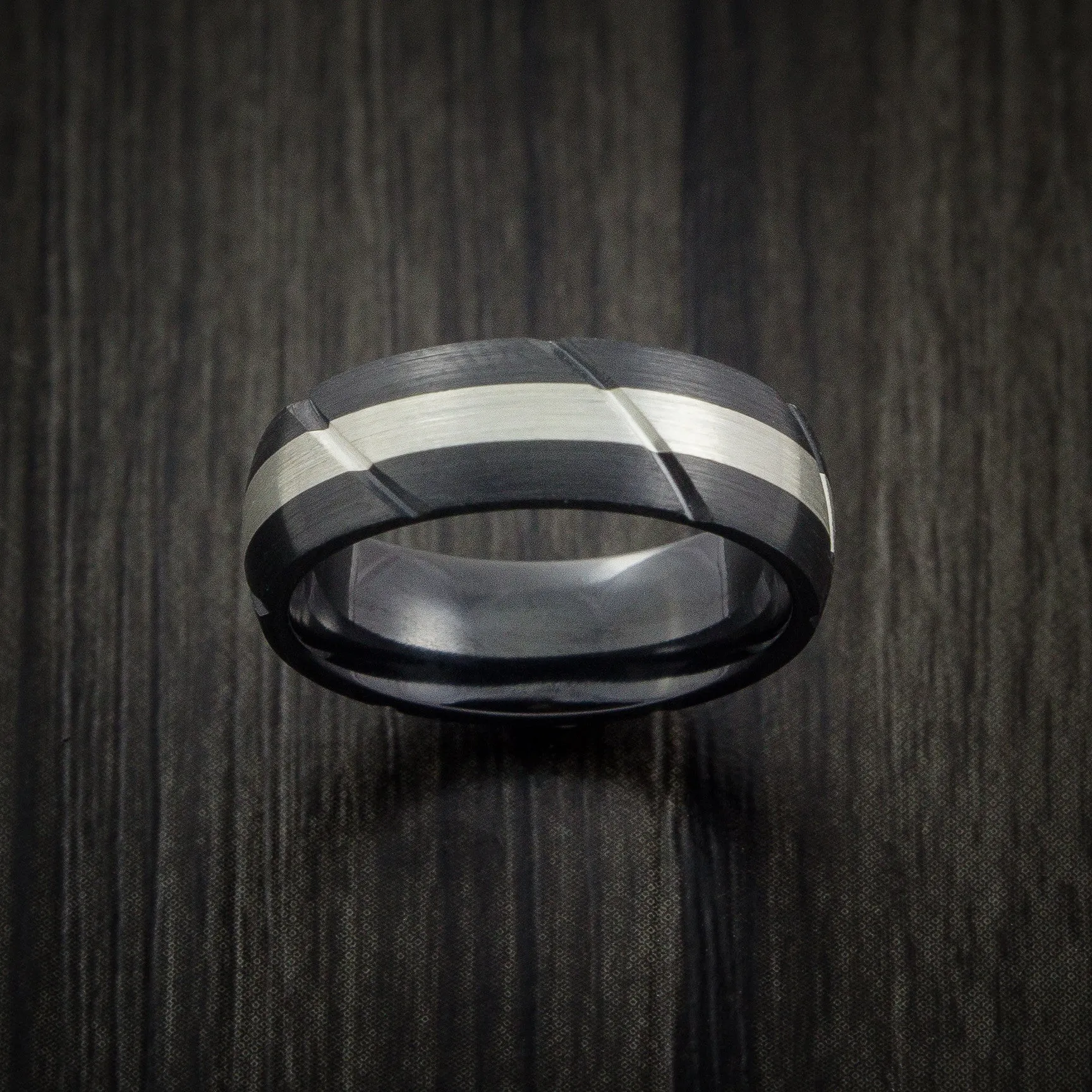 Black Titanium Textured Men's Ring with Silver Inlay Wedding Band