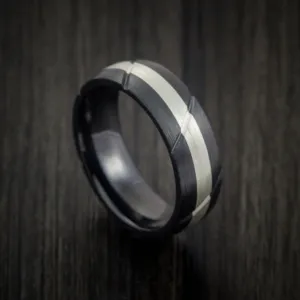 Black Titanium Textured Men's Ring with Silver Inlay Wedding Band