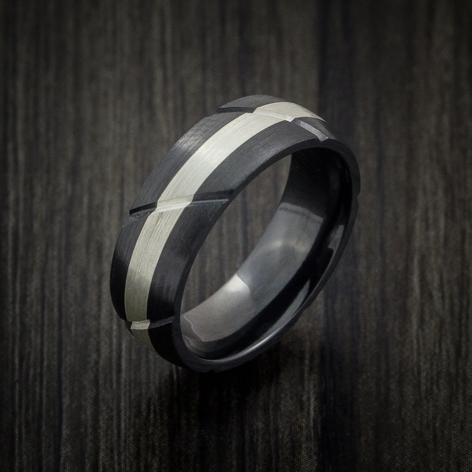 Black Titanium Textured Men's Ring with Silver Inlay Wedding Band