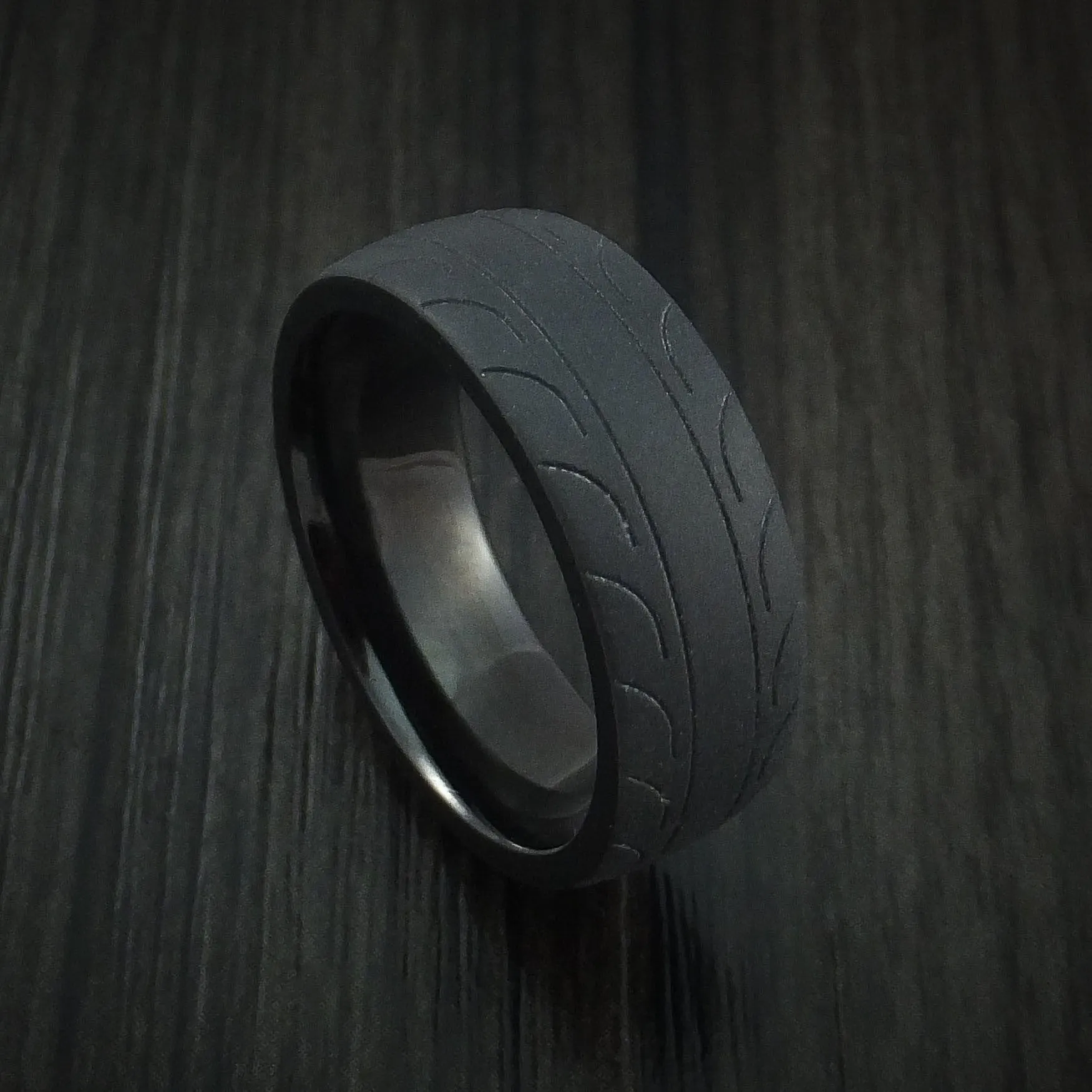 Black Titanium Tire Tread Textured Carved Men's Ring