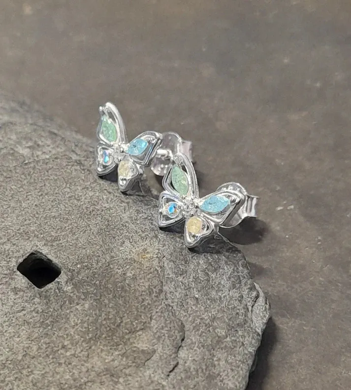 Blue Lily 9mm Butterfly with Multi Coloured Crystal Wings Stud Earrings - SS646B