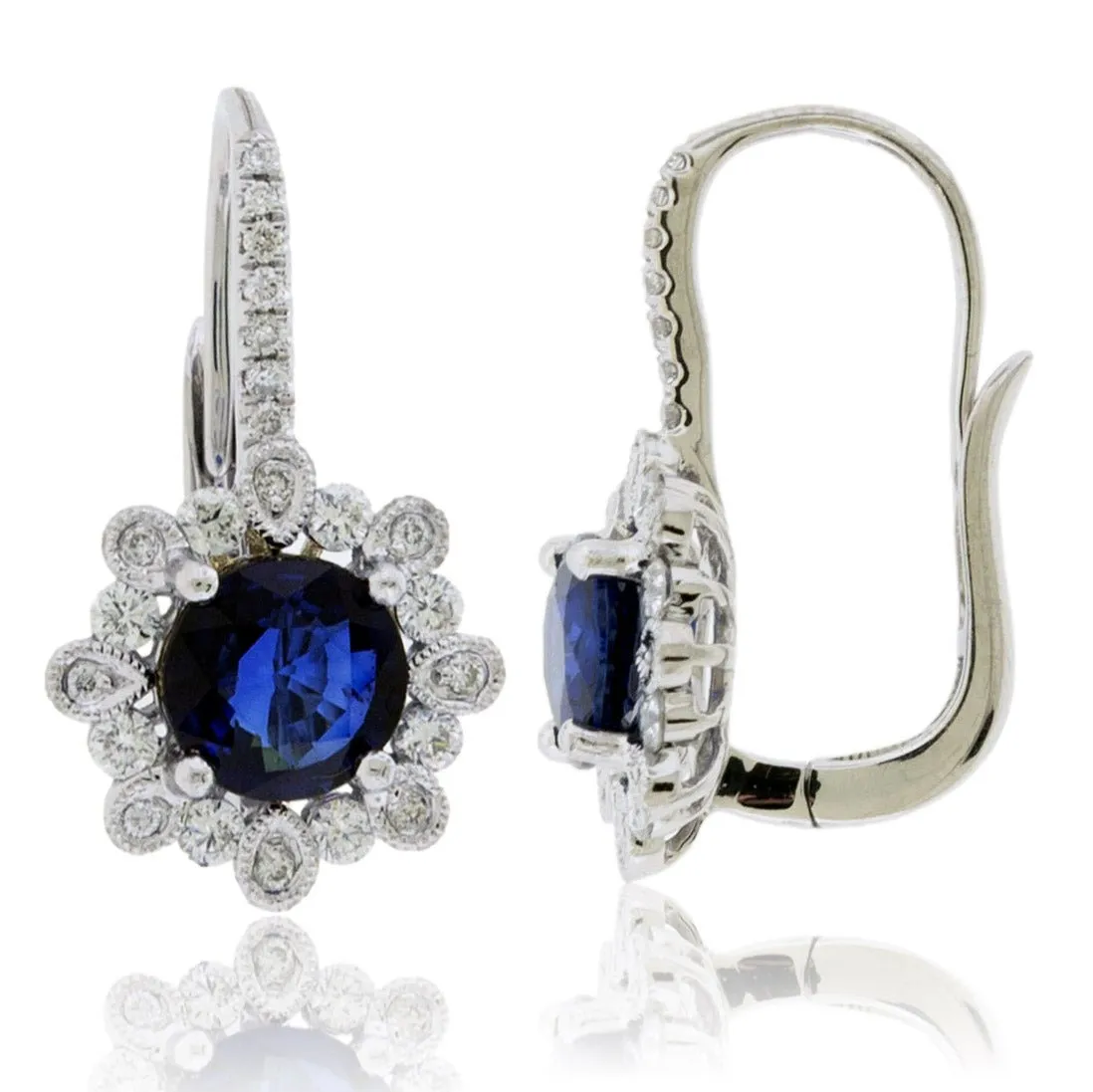 Blue Sapphire & Diamond Bubble Halo Drop Earrings