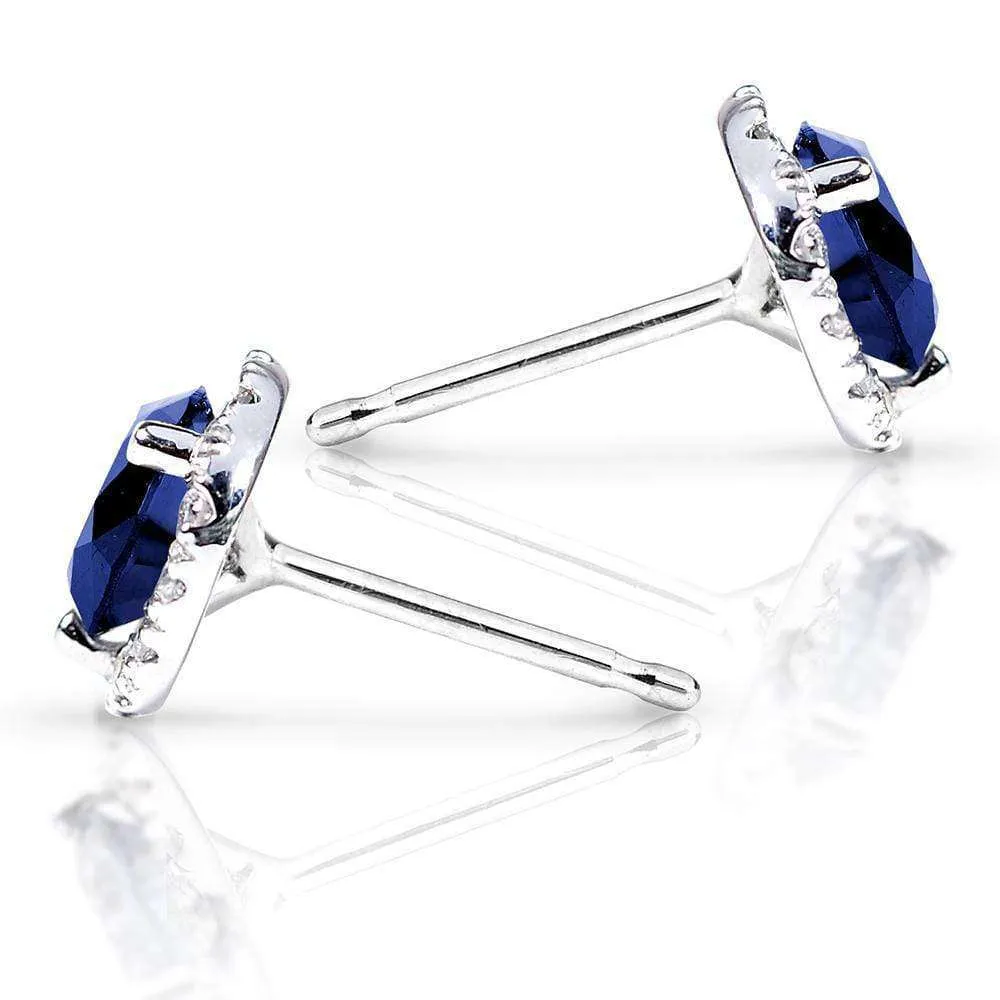 Blue Sapphire Diamond Halo Earrings 1 1/2ct.tw in 14k White Gold