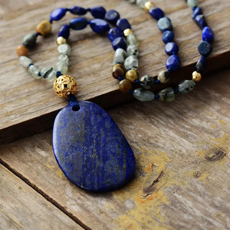 Bohemian Lariat Necklace - Semiprecious Lapis Pendant