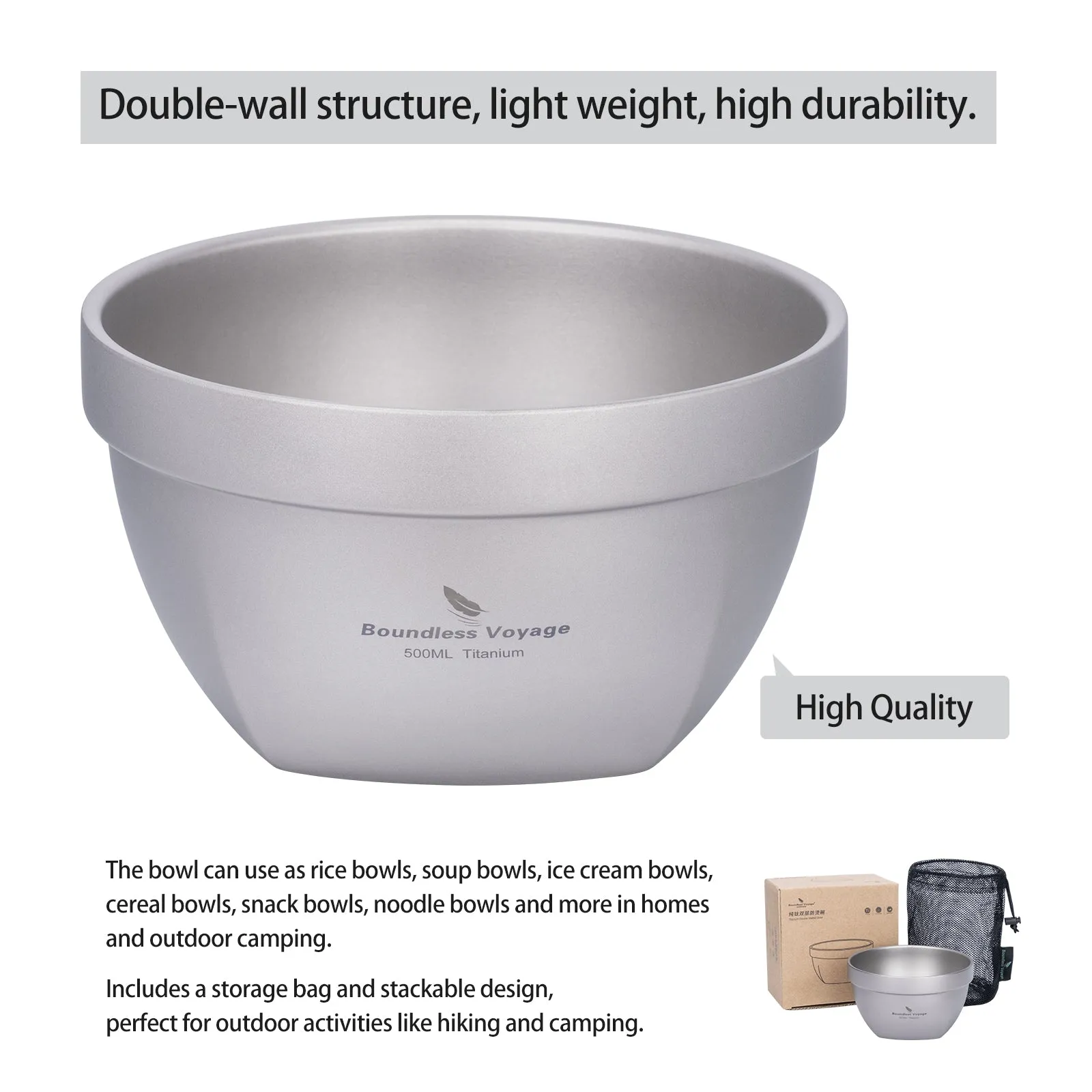 Boundless Voyage 500ml Double Walled Titanium Bowl Oatmeal Food Rice Soup Bowl Ultralight Portable Tableware Outdoor Camping Metal Bowl Lightweight