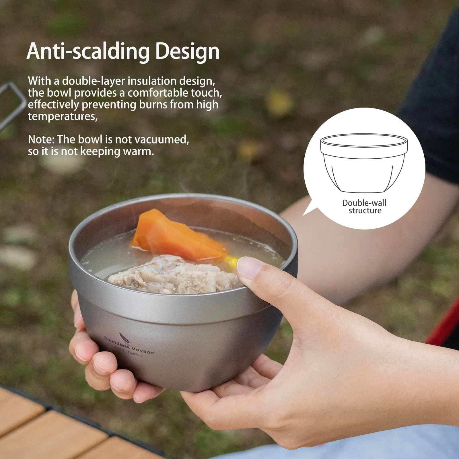 Boundless Voyage 500ml Double Walled Titanium Bowl Oatmeal Food Rice Soup Bowl Ultralight Portable Tableware Outdoor Camping Metal Bowl Lightweight