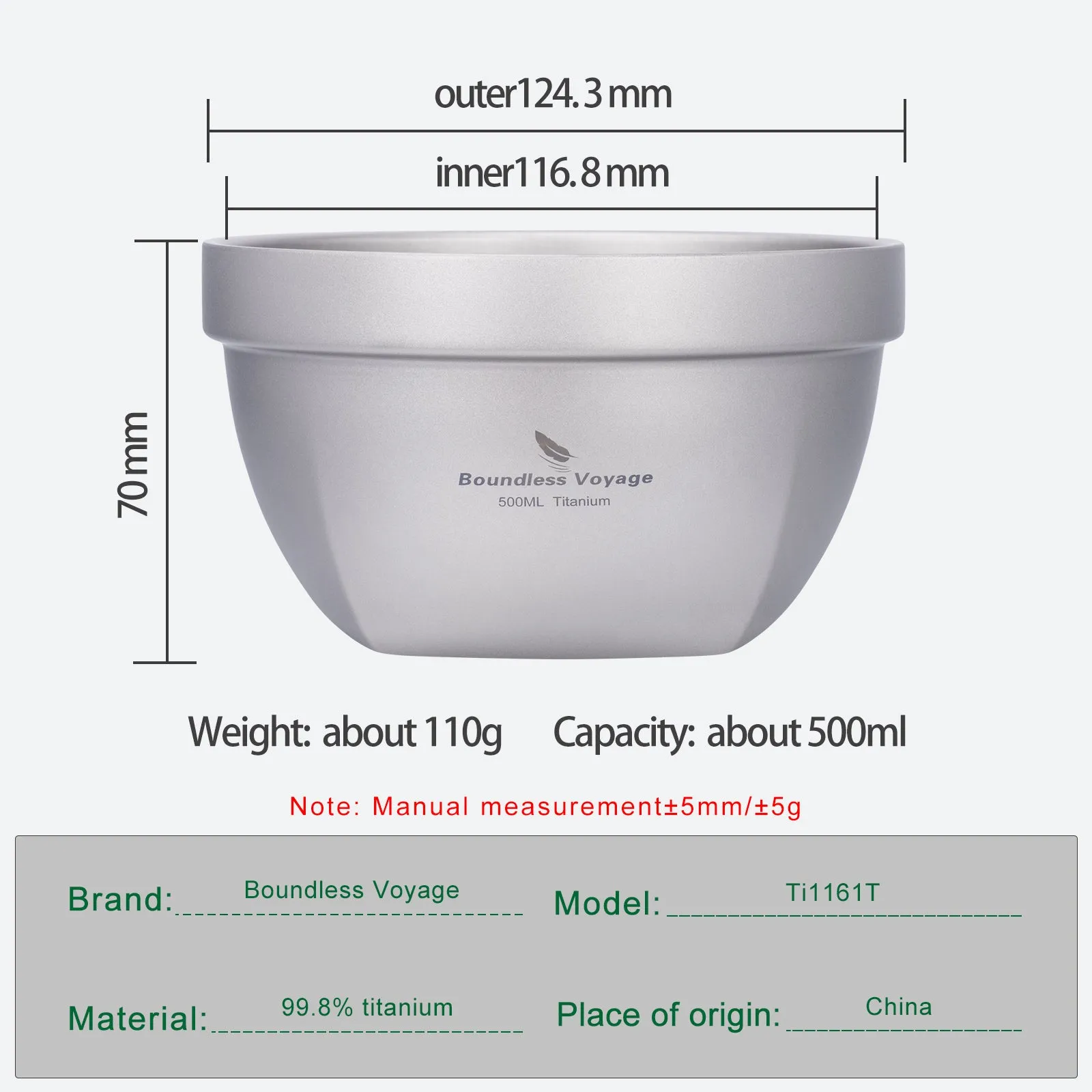 Boundless Voyage 500ml Double Walled Titanium Bowl Oatmeal Food Rice Soup Bowl Ultralight Portable Tableware Outdoor Camping Metal Bowl Lightweight