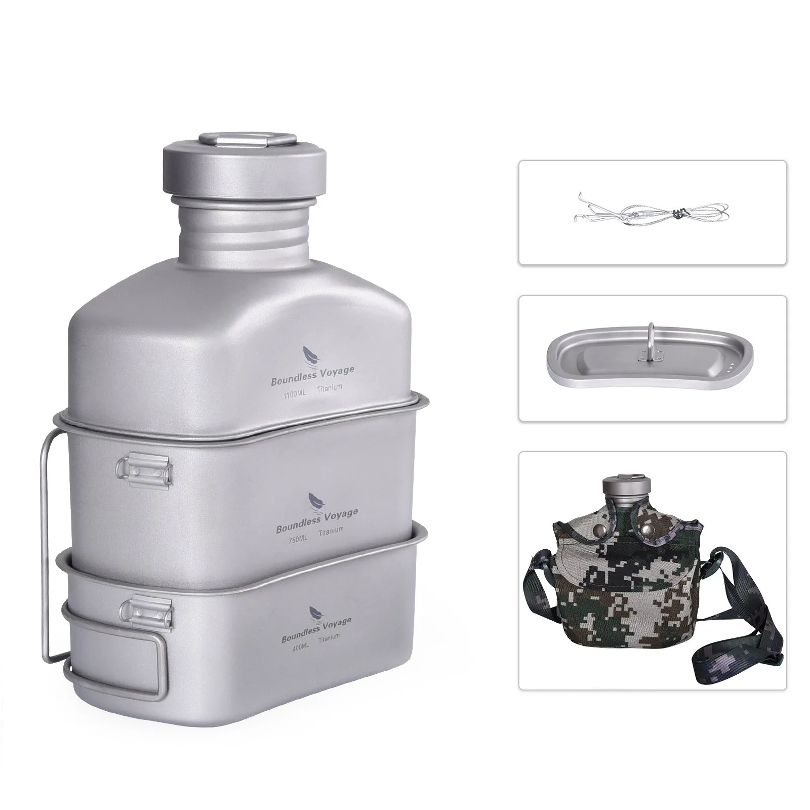 Boundless Voyage Titanium Military Canteen Cups Set Outdoor Camping Water Bottle Bowl Kettle Cooking Set Mess Kit