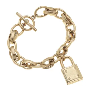 Brandi Padlock Chain Bracelet in Worn Gold