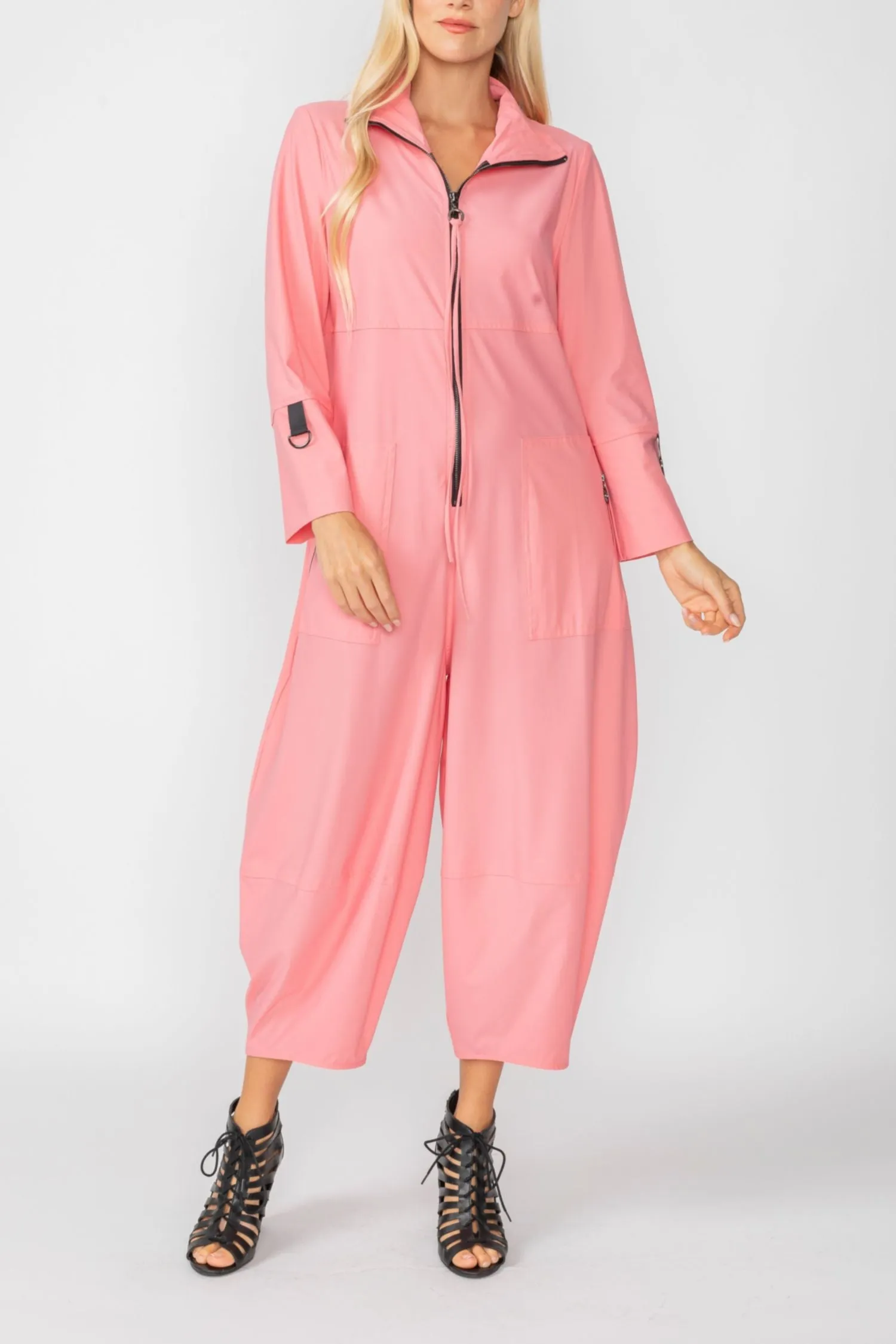 Coral Zip-Up Front Cropped Long Sleeve Jumpsuit