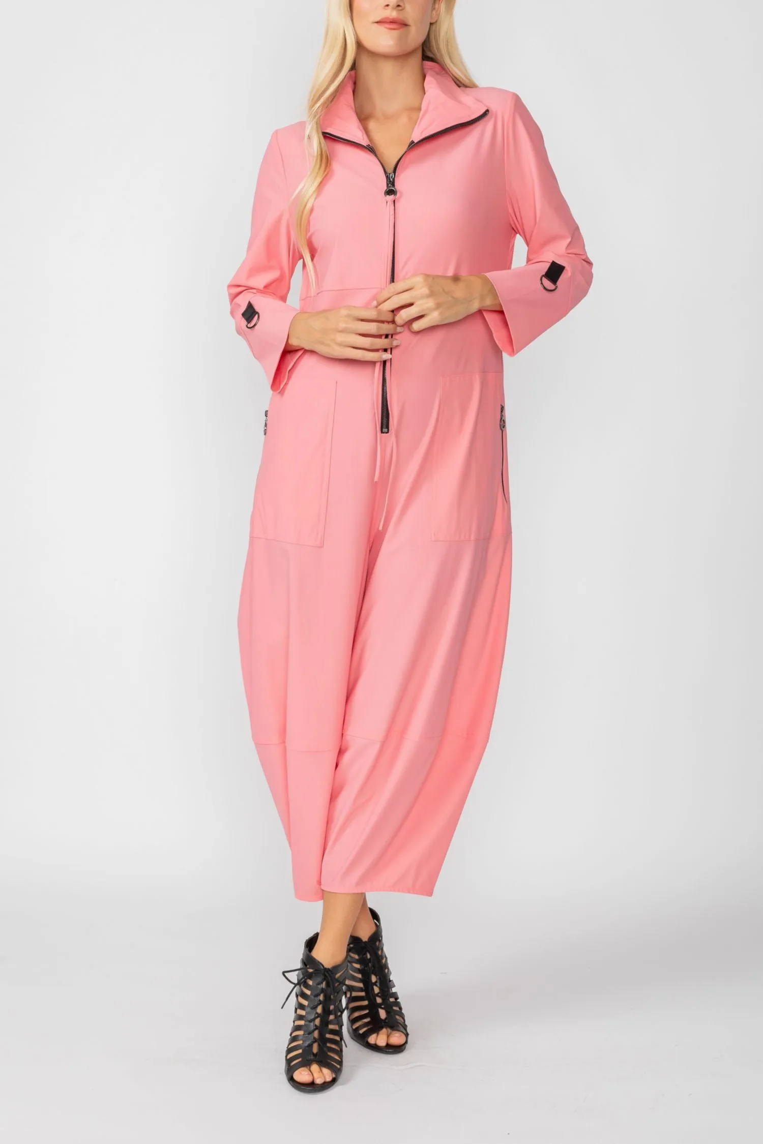 Coral Zip-Up Front Cropped Long Sleeve Jumpsuit