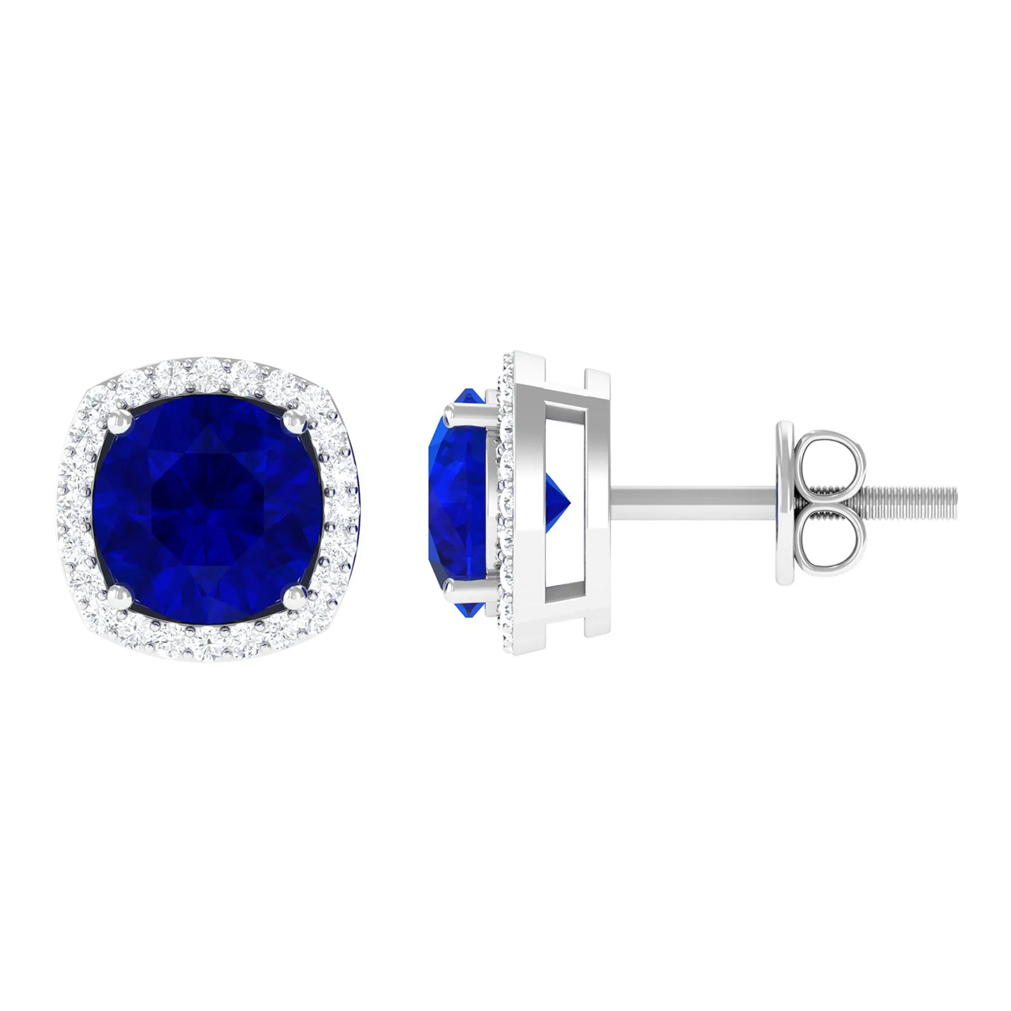 Created Blue Sapphire Stud Earrings with Diamond Halo