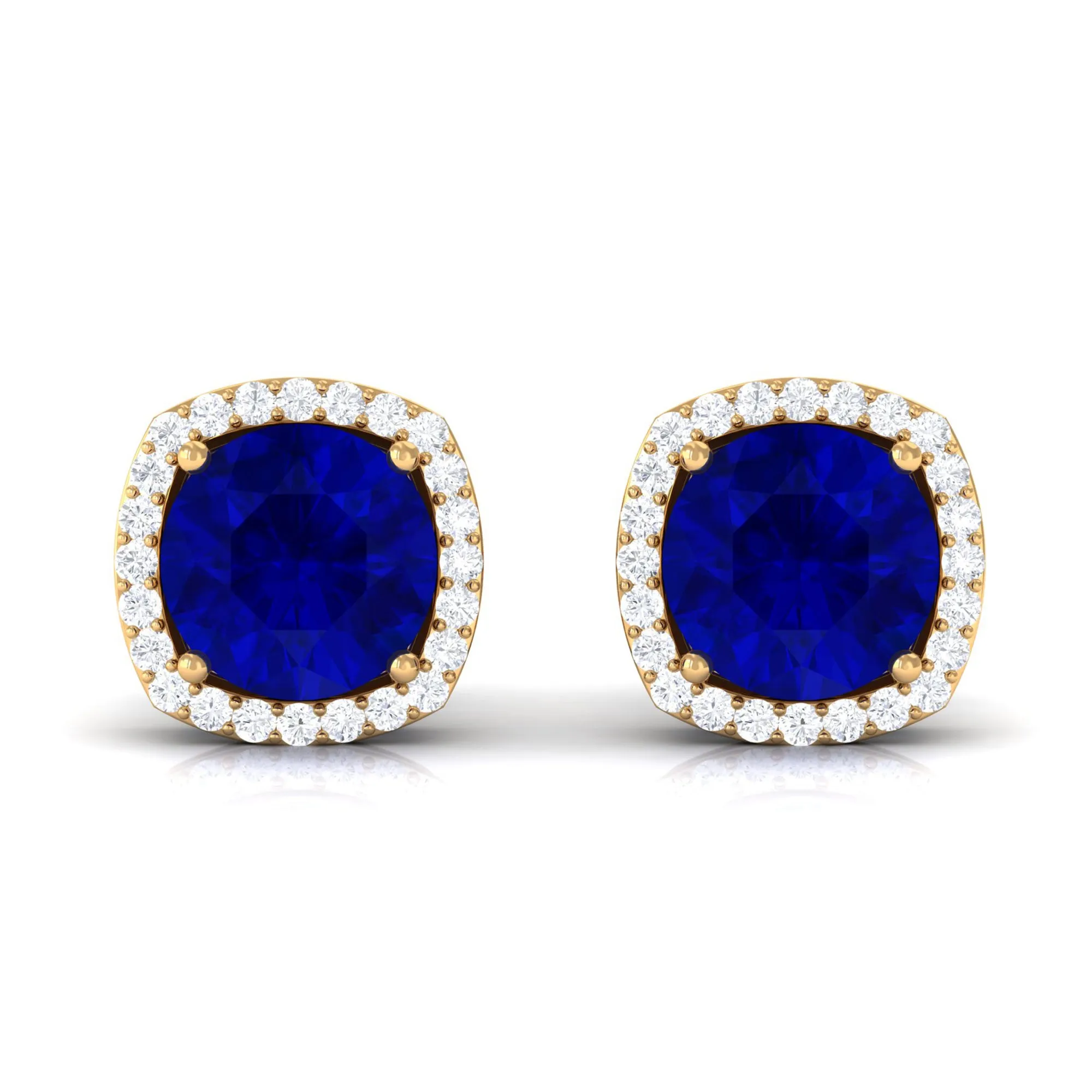 Created Blue Sapphire Stud Earrings with Diamond Halo