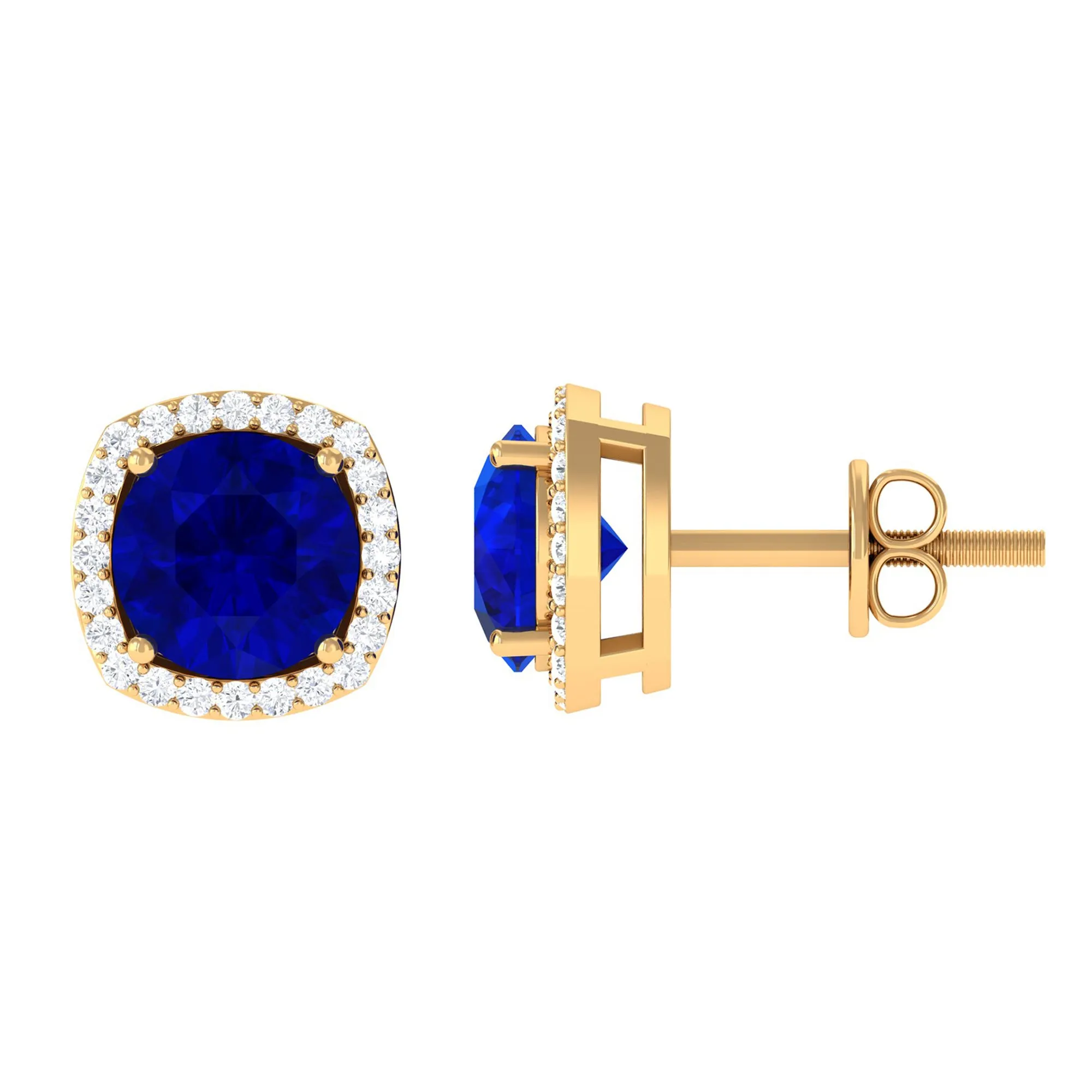 Created Blue Sapphire Stud Earrings with Diamond Halo