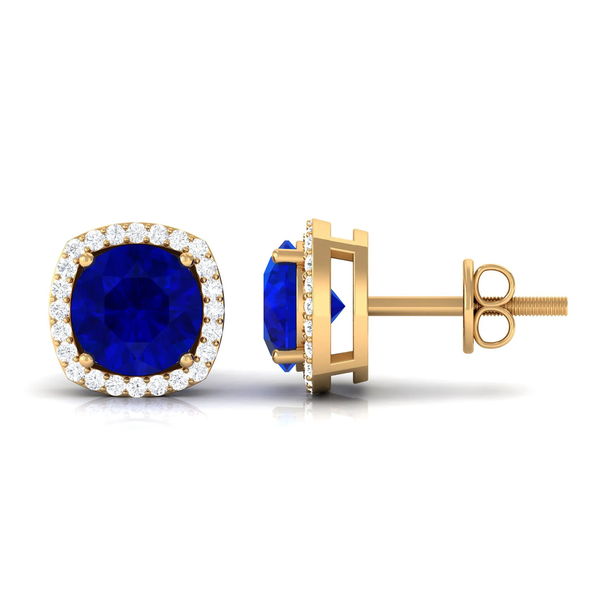 Created Blue Sapphire Stud Earrings with Diamond Halo