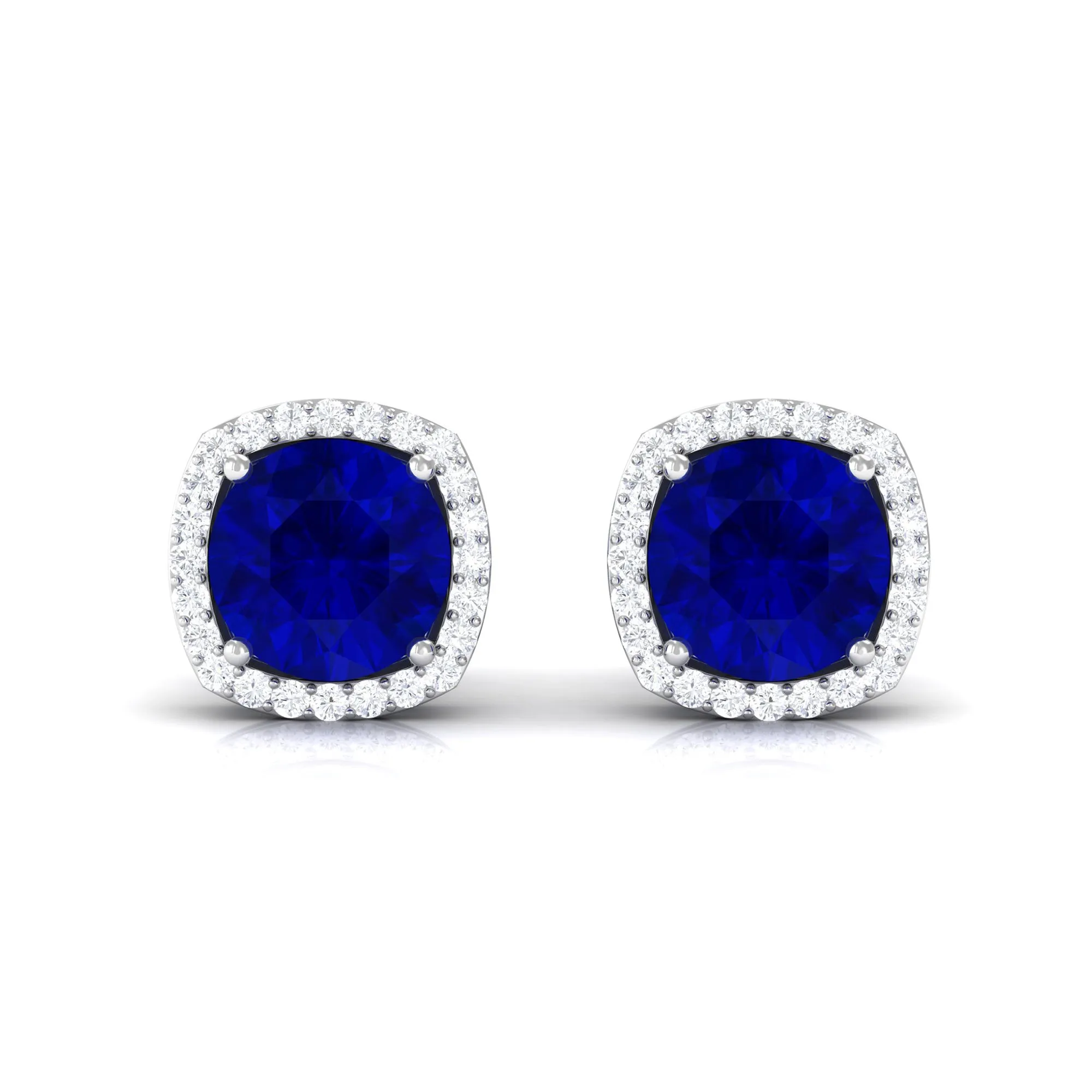 Created Blue Sapphire Stud Earrings with Diamond Halo