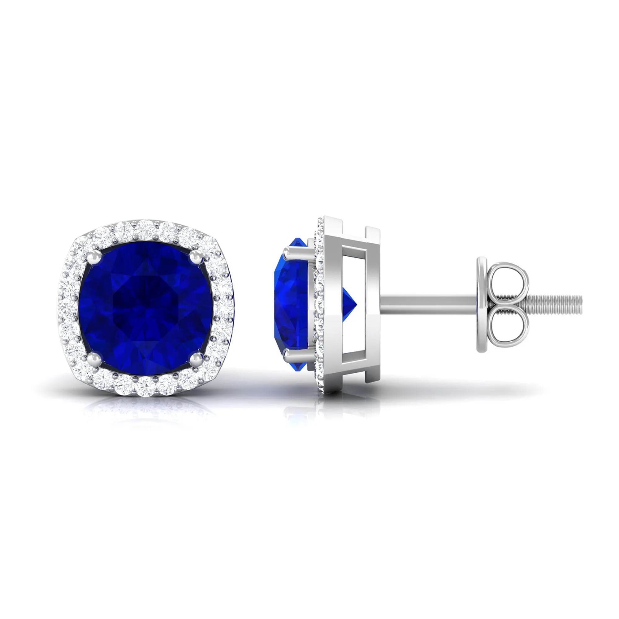 Created Blue Sapphire Stud Earrings with Diamond Halo