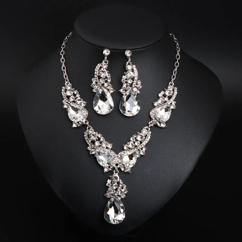 Cross-border crystal gem flash short necklace earrings set European and American exaggerated dress