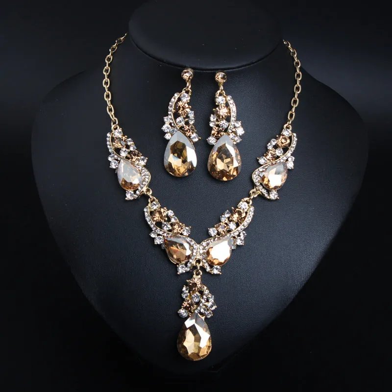 Cross-border crystal gem flash short necklace earrings set European and American exaggerated dress