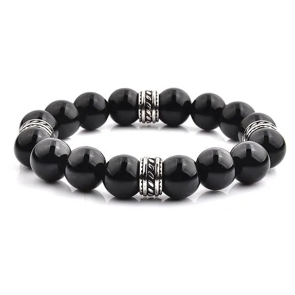 CRUCIBLE STAINLESS STEEL POLISHED ONYX TRIBAL BEADED STRETCH BRACELET (12MM)