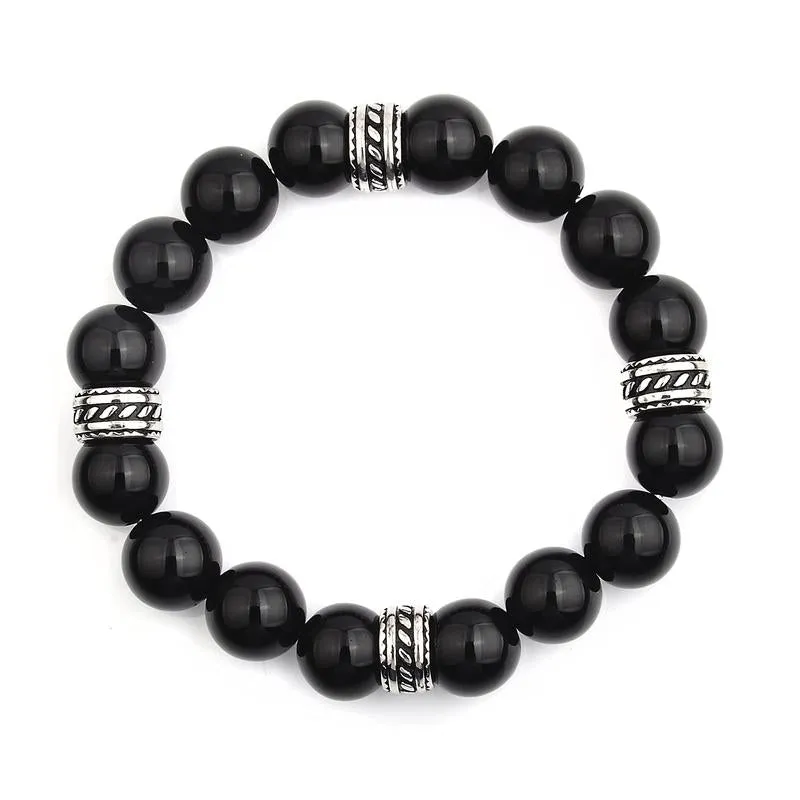 CRUCIBLE STAINLESS STEEL POLISHED ONYX TRIBAL BEADED STRETCH BRACELET (12MM)