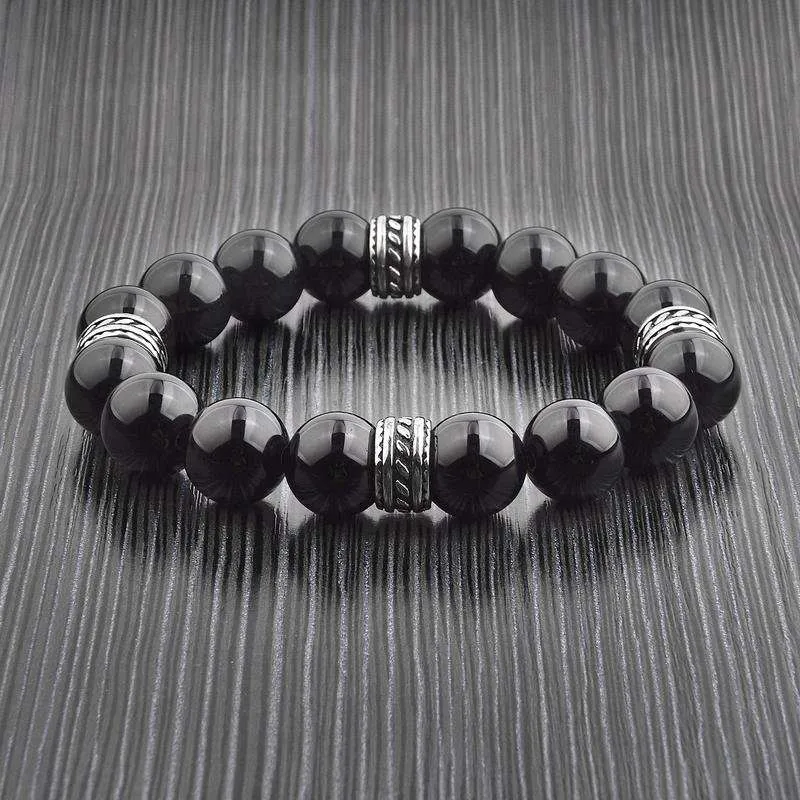 CRUCIBLE STAINLESS STEEL POLISHED ONYX TRIBAL BEADED STRETCH BRACELET (12MM)