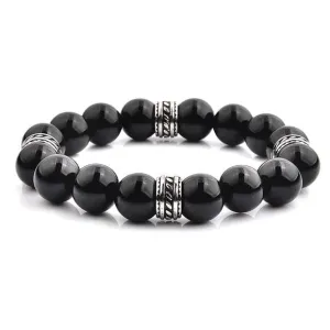 CRUCIBLE STAINLESS STEEL POLISHED ONYX TRIBAL BEADED STRETCH BRACELET (12MM)