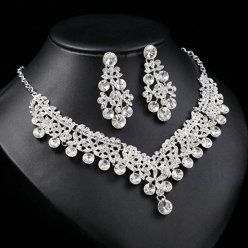 Crystal gems European and American bridal necklace earrings set wedding dress women's fashion accessories