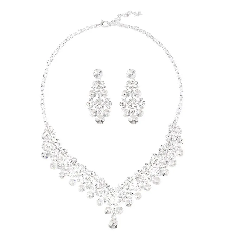 Crystal gems European and American bridal necklace earrings set wedding dress women's fashion accessories