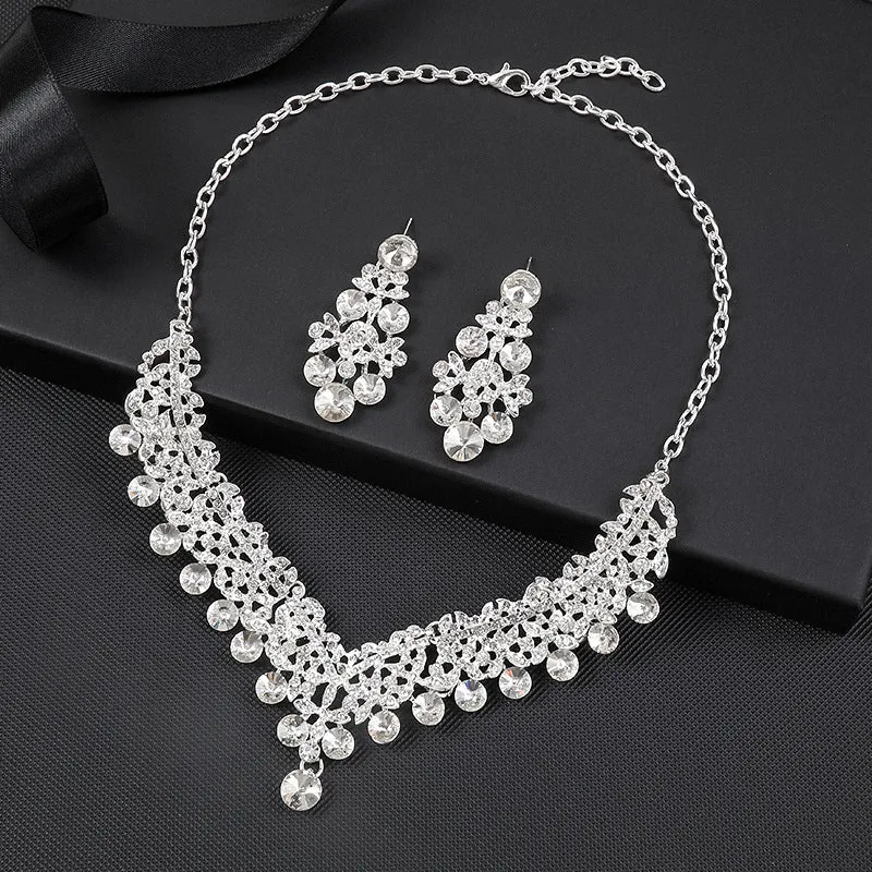 Crystal gems European and American bridal necklace earrings set wedding dress women's fashion accessories