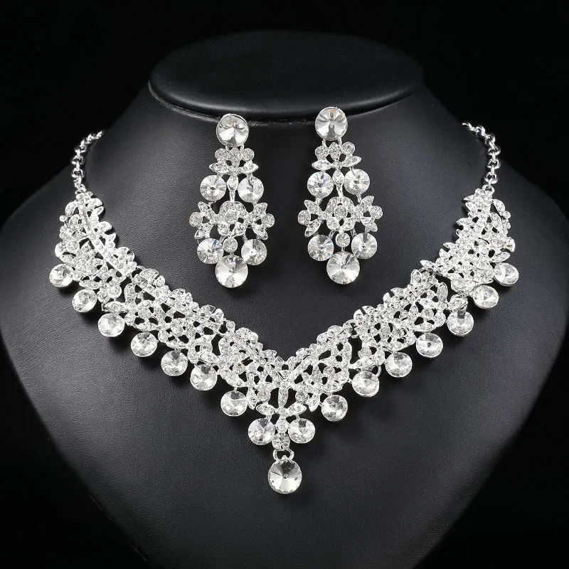 Crystal gems European and American bridal necklace earrings set wedding dress women's fashion accessories