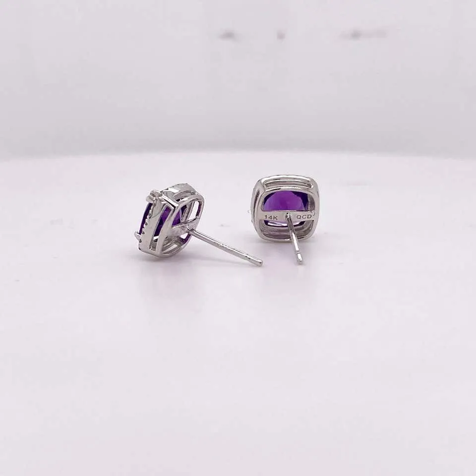 Cushion Amethyst Diamond Halo Stud Earrings