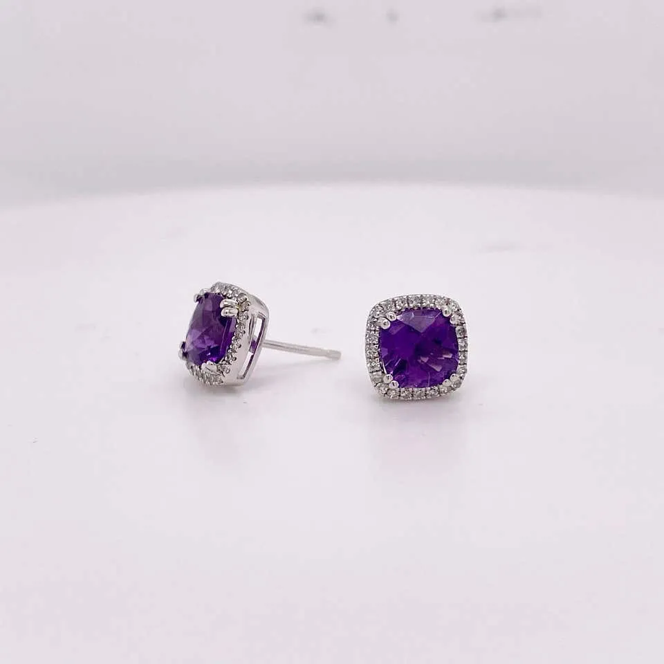 Cushion Amethyst Diamond Halo Stud Earrings