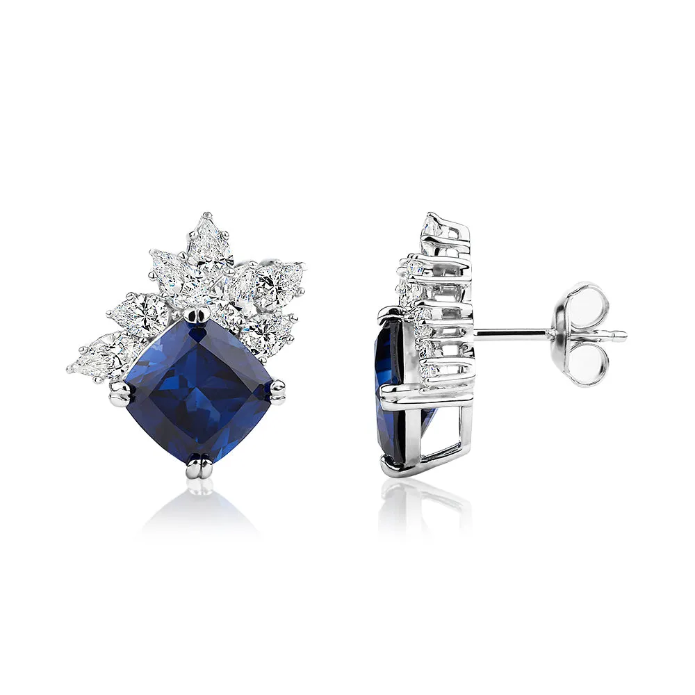 Cushion and Pear fancy earrings with sapphire simulants and 3.26 carats* of diamond simulants in sterling silver