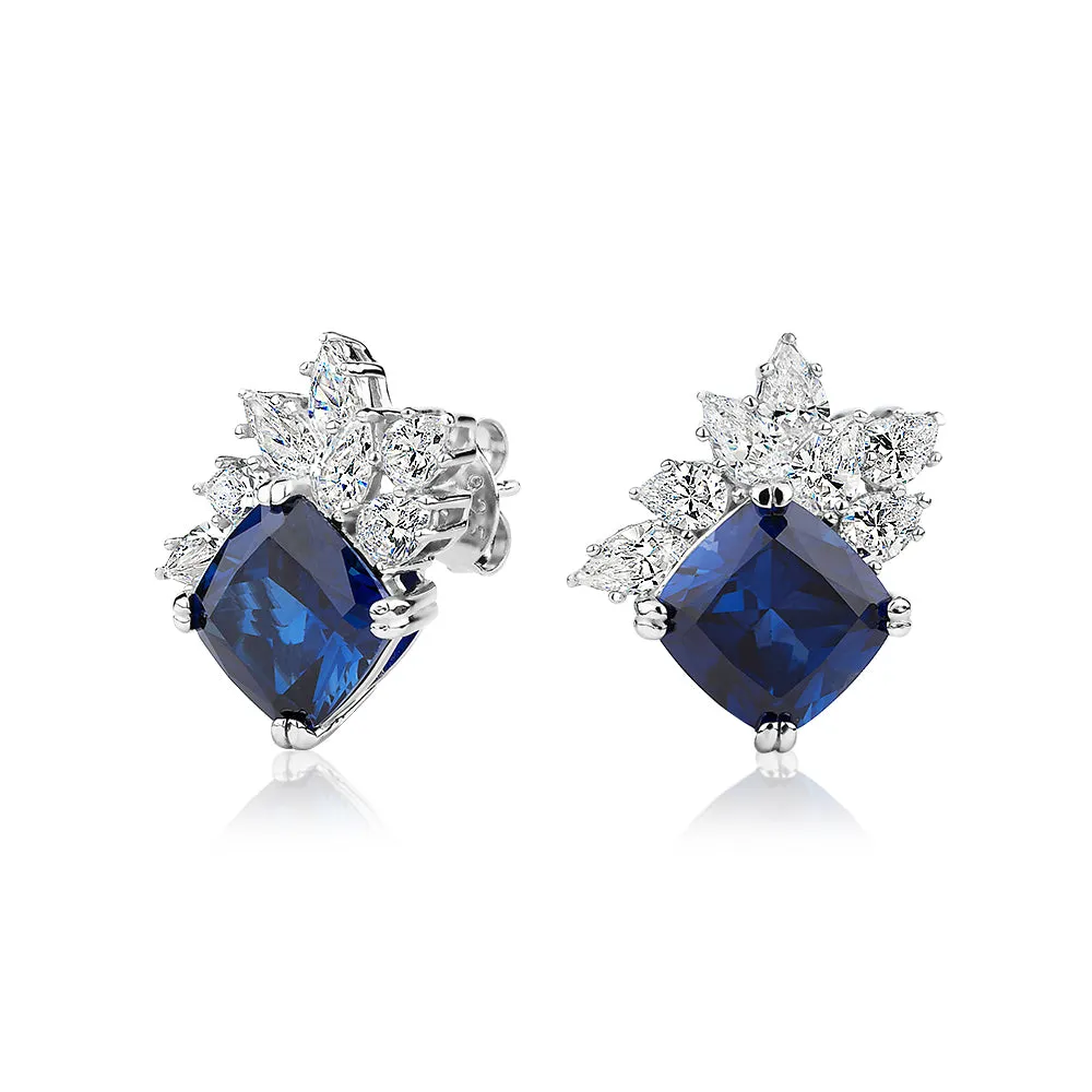 Cushion and Pear fancy earrings with sapphire simulants and 3.26 carats* of diamond simulants in sterling silver