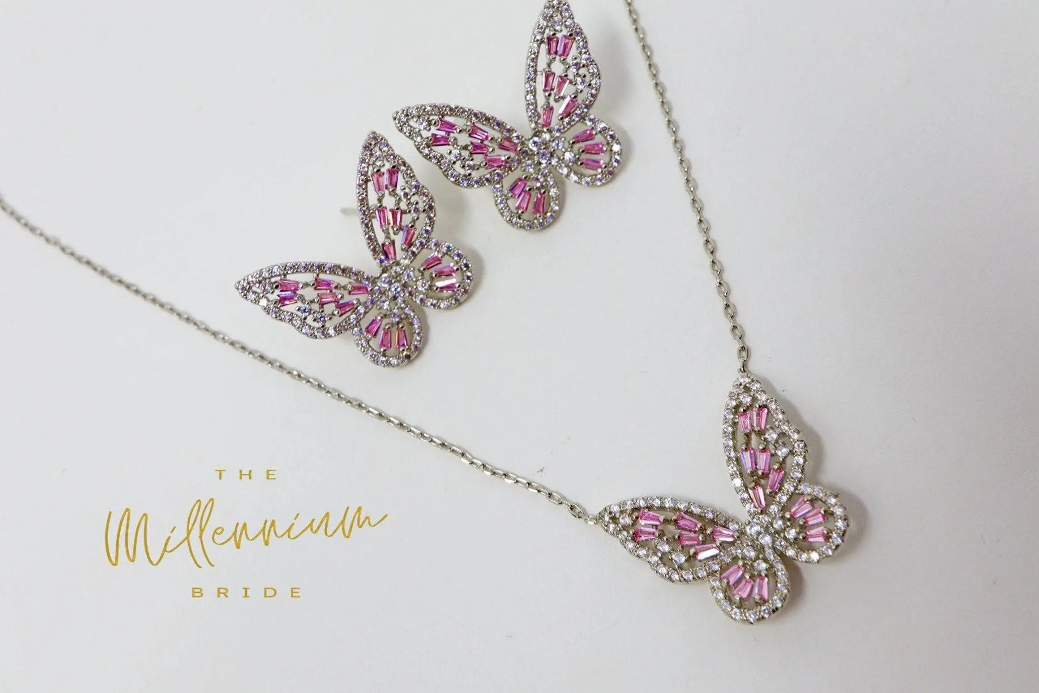 CZ pink Butterfly Necklace,Earrings And Ring Set, Swarovski Crystal Earrings, Statement Earrings, Rhinestones Hoop Earrings.