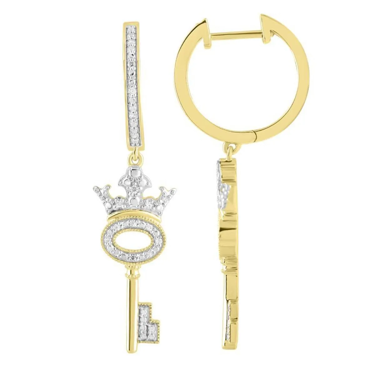 Diamond Key Crown Hoop Earrings 10k Yellow Gold