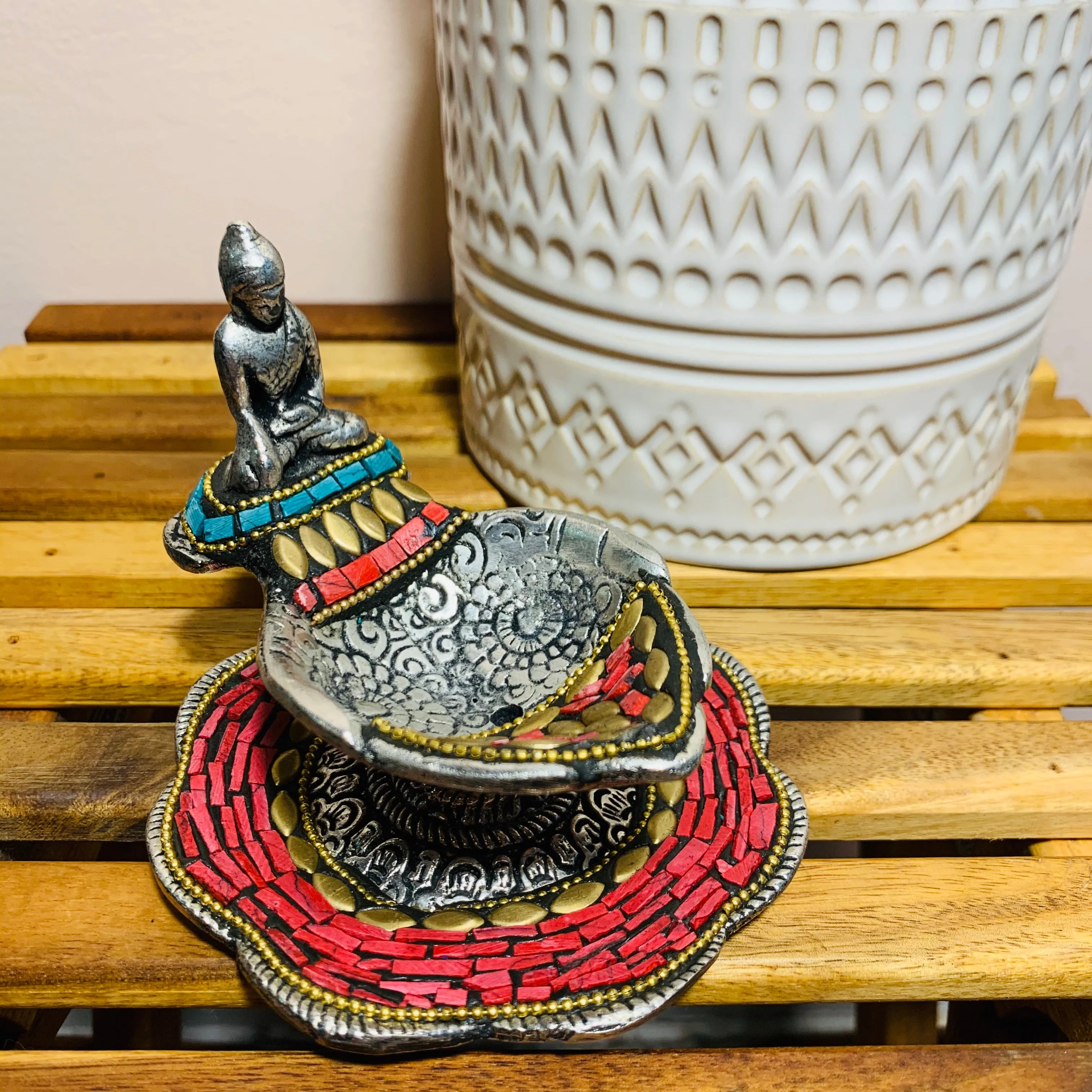 Double Tier Buddha Incense Burner with Stone Inlay