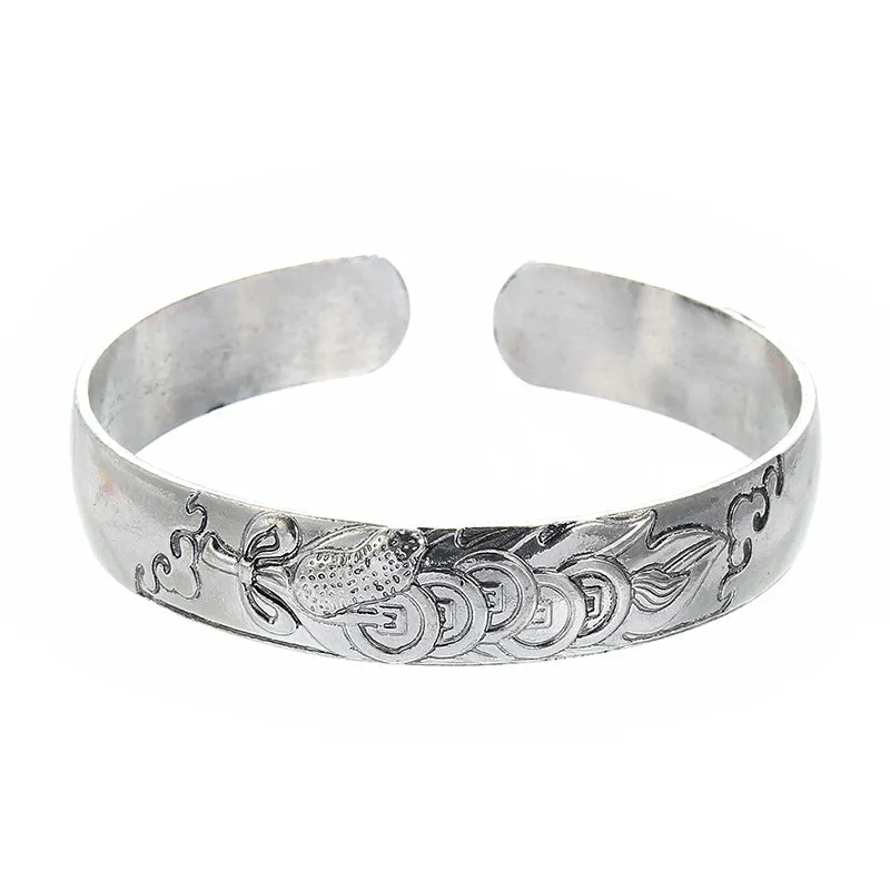 Elephant Carved Female Wide Tibetan Silver Open Bracelet