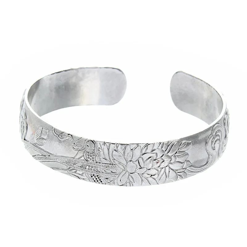 Elephant Carved Female Wide Tibetan Silver Open Bracelet