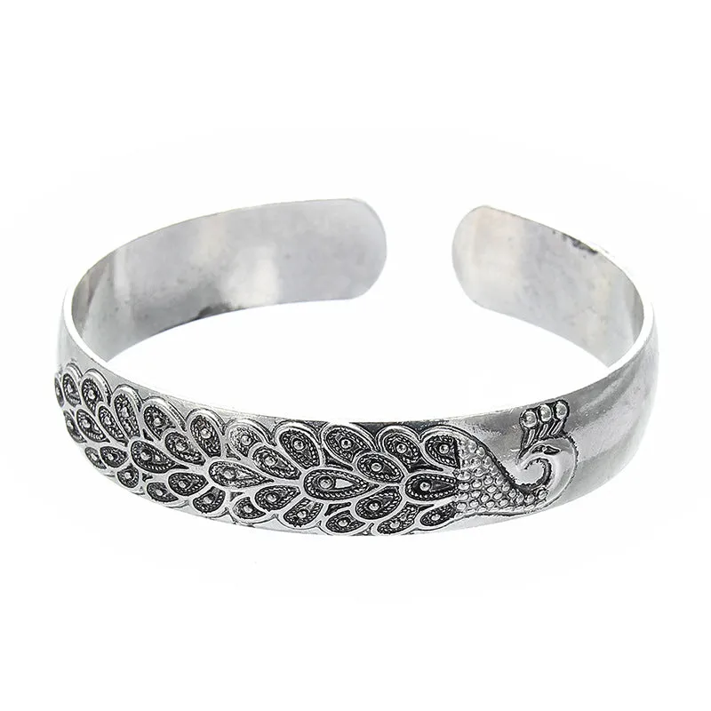 Elephant Carved Female Wide Tibetan Silver Open Bracelet