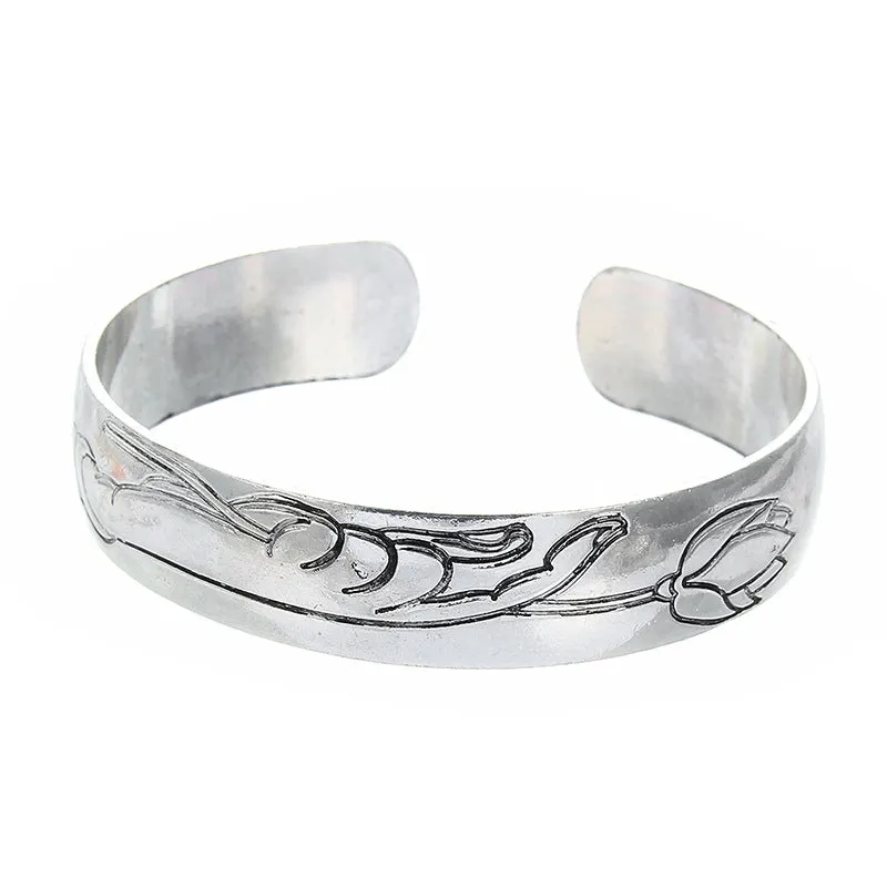 Elephant Carved Female Wide Tibetan Silver Open Bracelet