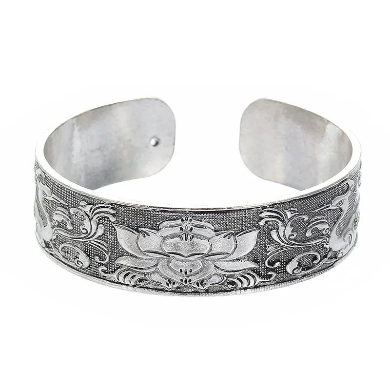 Elephant Carved Female Wide Tibetan Silver Open Bracelet