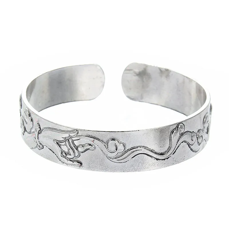 Elephant Carved Female Wide Tibetan Silver Open Bracelet